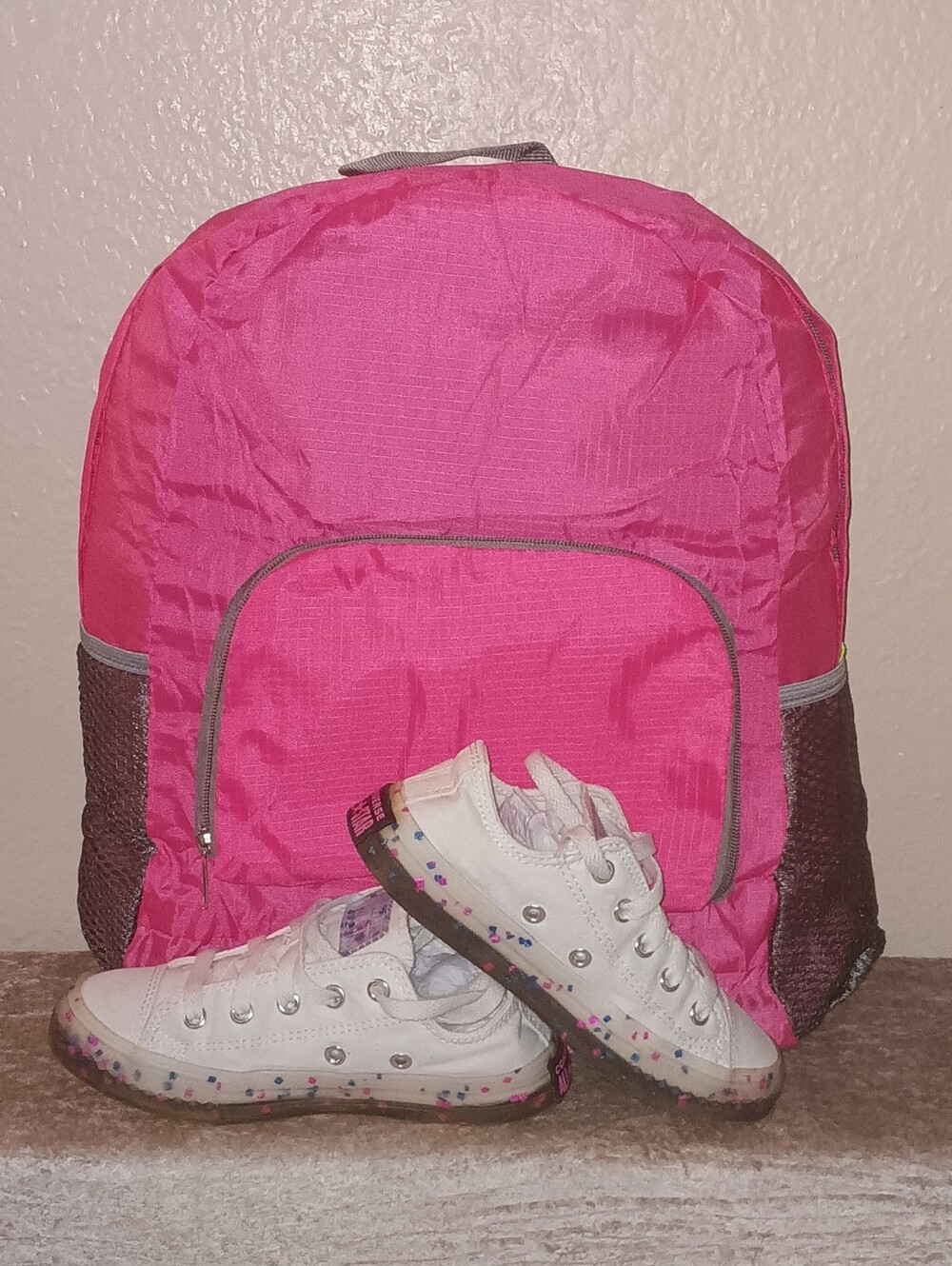 Converse All Star Canvas Sneakers/Pink/Blue Confetti Sole with 17-inch backpack.